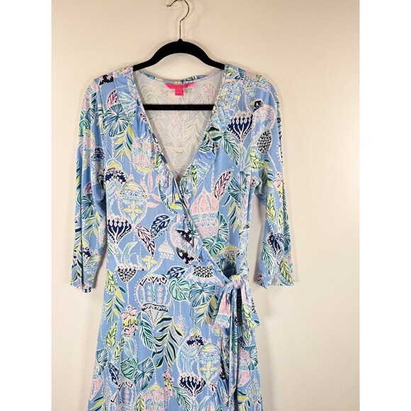 Lilly Pulitzer Blue Jessalynne Romper Wrap Mini Floral Ruffle Stretch Size M - Picture 5 of 12